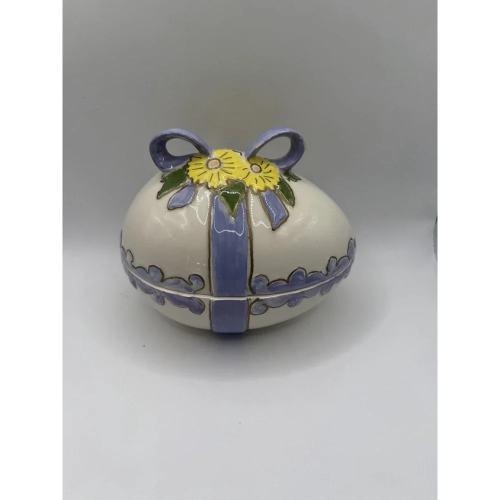 Ceramic Floral Trinket Box Purple Ribbon Yellow Flowers Lidded Jewelry Dish